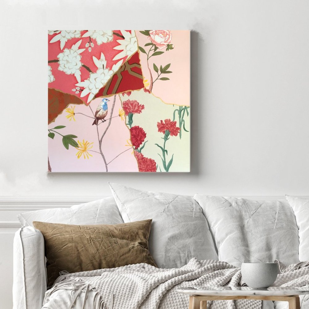 Kintsugi Inspired Mixed Media Wall Art, "Blue Bird", Vintage Paper Art